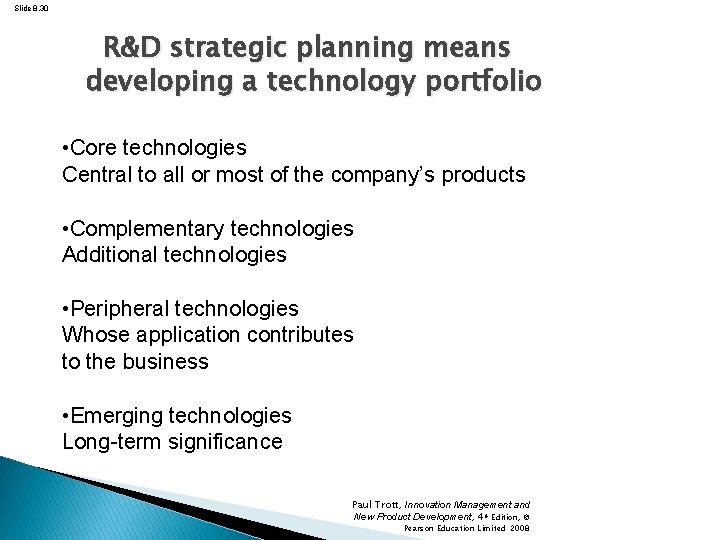 Slide 8. 30 R&D strategic planning means developing a technology portfolio • Core technologies