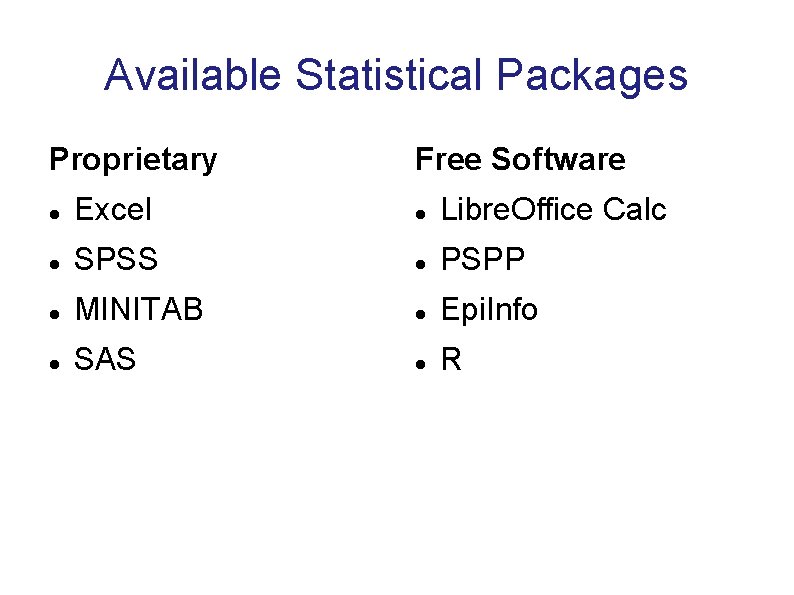 Available Statistical Packages Proprietary Free Software Excel Libre. Office Calc SPSS PSPP MINITAB Epi. Available Statistical Packages Proprietary Free Software Excel Libre. Office Calc SPSS PSPP MINITAB Epi.