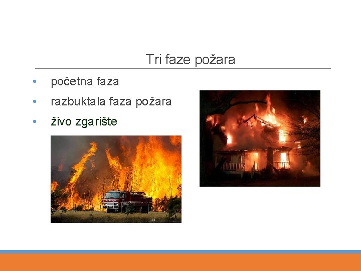 Tri faze požara • početna faza • razbuktala faza požara • živo zgarište 