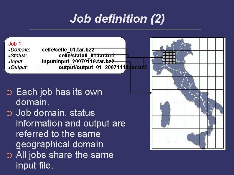 Job definition (2) Job 1: Domain: Status: Input: Output: celle/celle_01. tar. bz 2 celle/stato