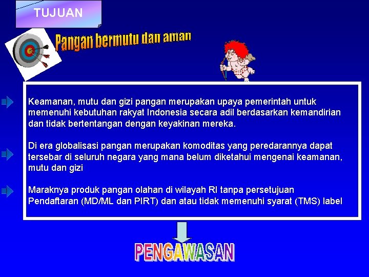 TUJUAN Keamanan, mutu dan gizi pangan merupakan upaya pemerintah untuk memenuhi kebutuhan rakyat Indonesia