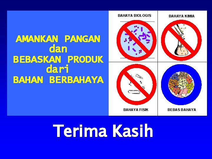 BAHAYA BIOLOGIS BAHAYA KIMIA AMANKAN PANGAN dan BEBASKAN PRODUK dari BAHAN BERBAHAYA FISIK Terima