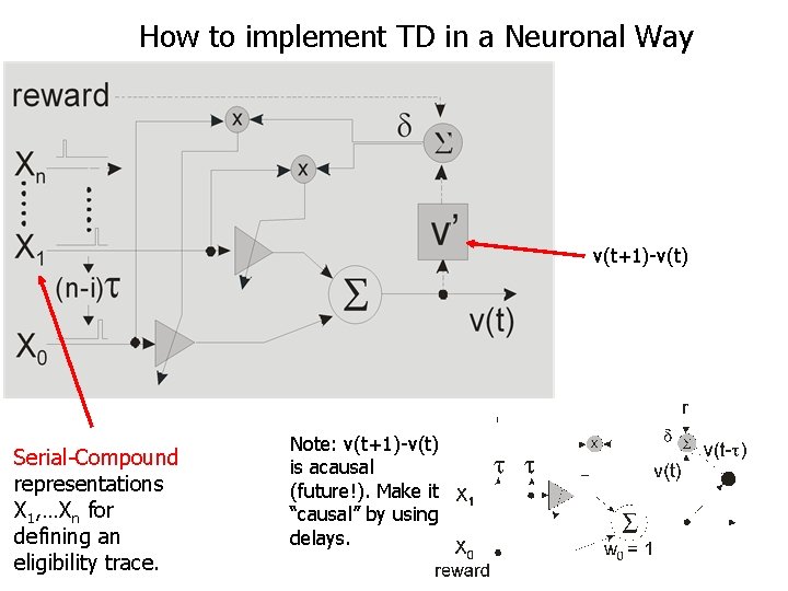 How to implement TD in a Neuronal Way v(t+1)-v(t) Serial-Compound representations X 1, …Xn