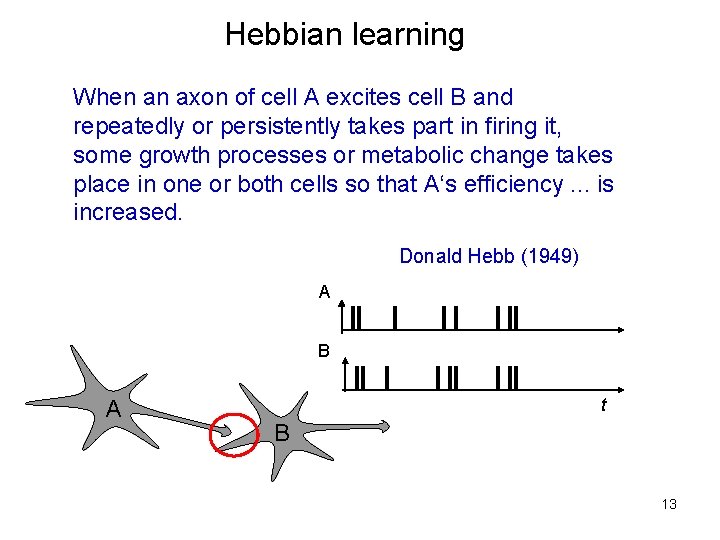 Hebbian learning When an axon of cell A excites cell B and repeatedly or