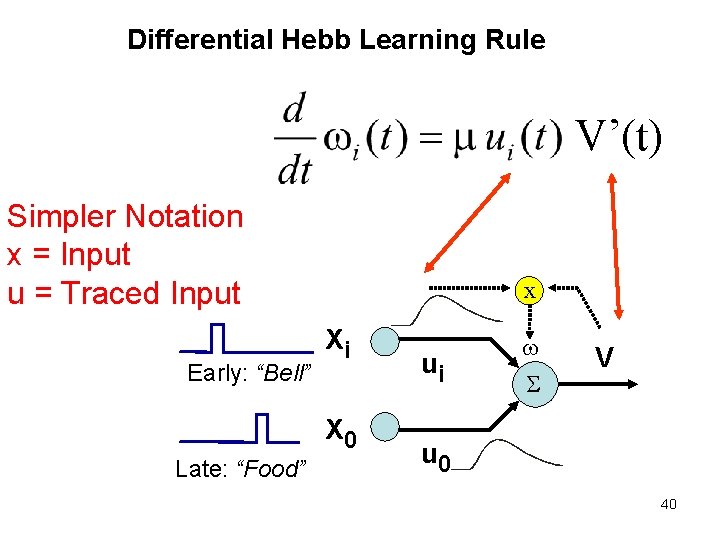 Differential Hebb Learning Rule V’(t) Simpler Notation x = Input u = Traced Input