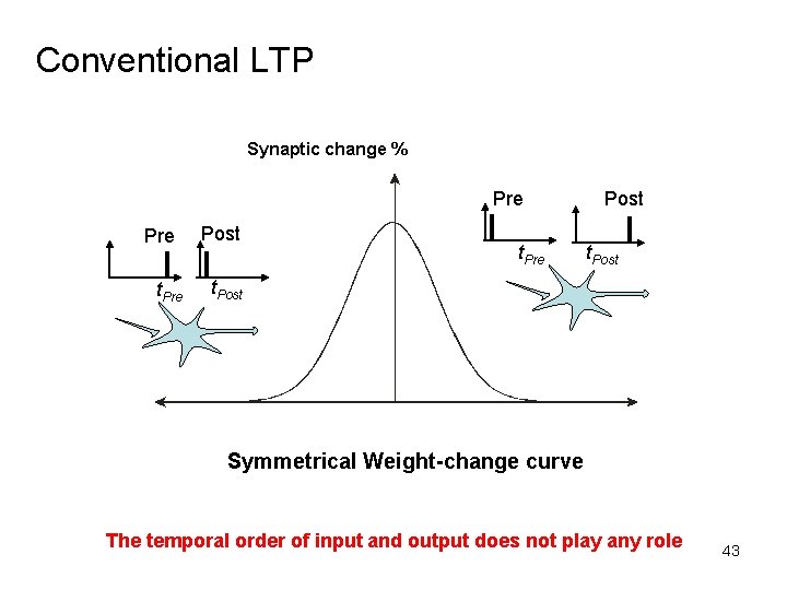 Conventional LTP Synaptic change % Pre t. Pre Post t. Post Symmetrical Weight-change curve
