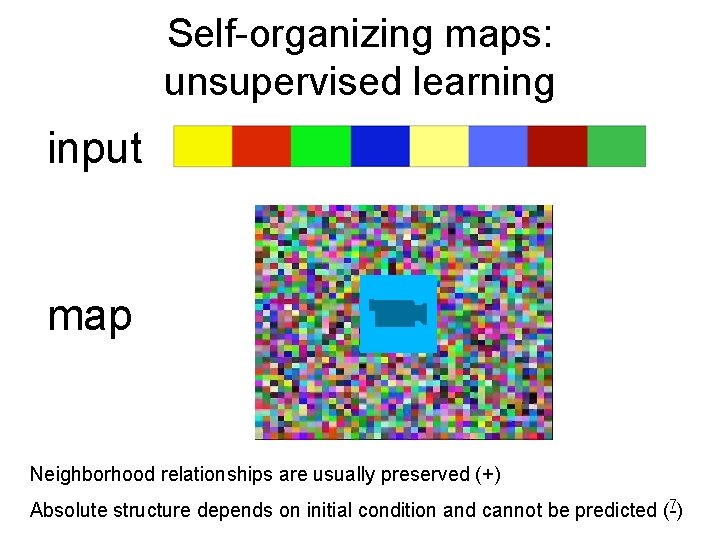 Self-organizing maps: unsupervised learning input map Neighborhood relationships are usually preserved (+) 7 Absolute