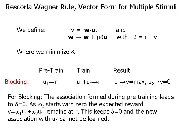 Rescorla-Wagner Rule, Vector Form for Multiple Stimuli We define: v = w. u, w