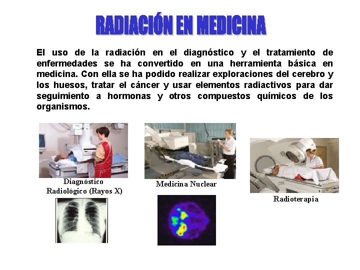 El uso de la radiación en el diagnóstico y el tratamiento de enfermedades se