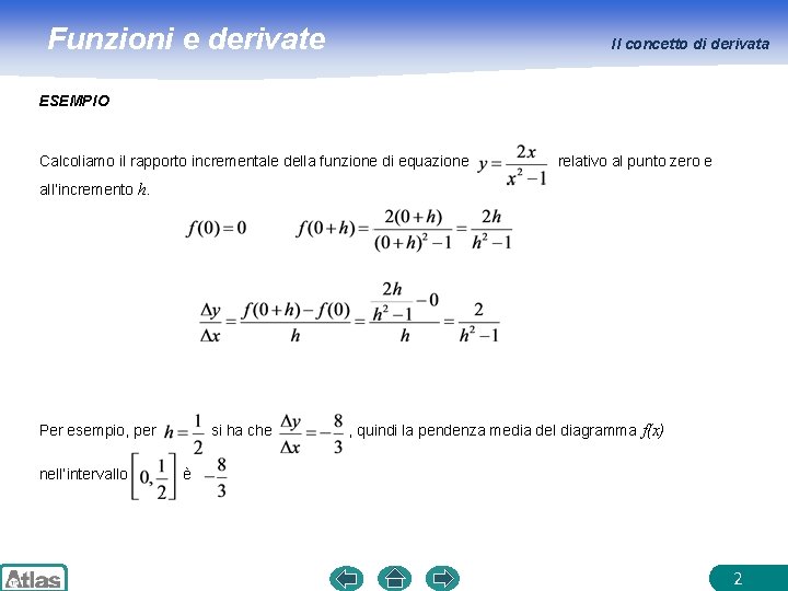 Funzioni e derivate Il concetto di derivata ESEMPIO Calcoliamo il rapporto incrementale della funzione