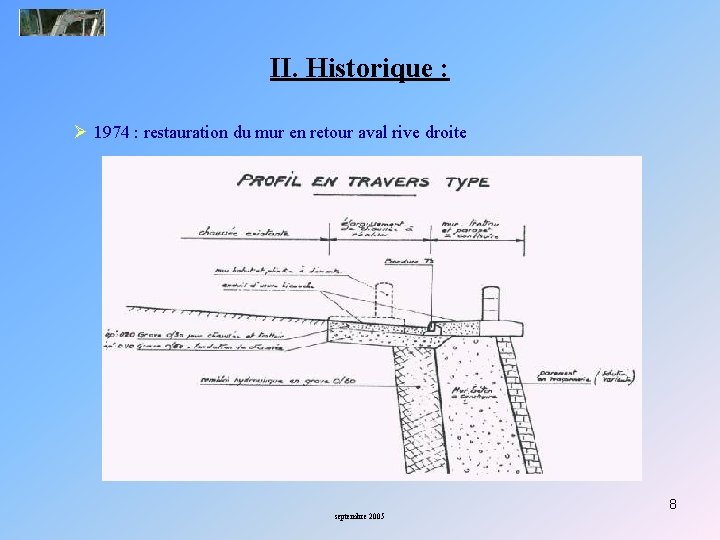 II. Historique : Ø 1974 : restauration du mur en retour aval rive droite