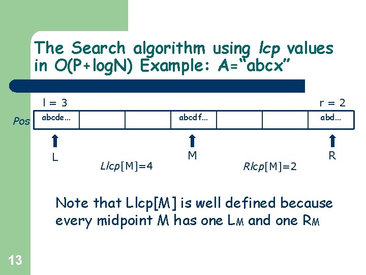 The Search algorithm using lcp values in O(P+log. N) Example: A=“abcx” l=3 Pos r=2 The Search algorithm using lcp values in O(P+log. N) Example: A=“abcx” l=3 Pos r=2