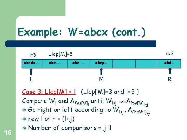 Example: W=abcx (cont. ) l=3 abcde. . . L 16 Llcp[M]=3 abc. . .