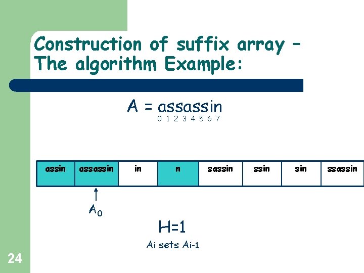 Construction of suffix array – The algorithm Example: A = assassin 0 1 2 Construction of suffix array – The algorithm Example: A = assassin 0 1 2