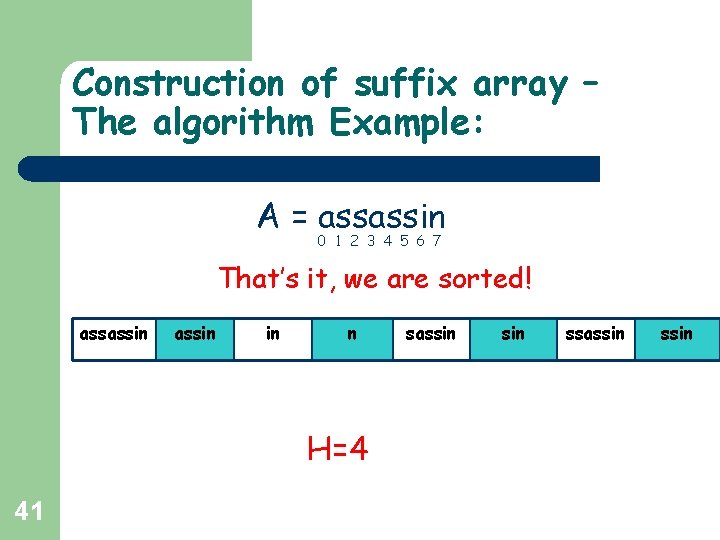 Construction of suffix array – The algorithm Example: A = assassin 0 1 2 Construction of suffix array – The algorithm Example: A = assassin 0 1 2