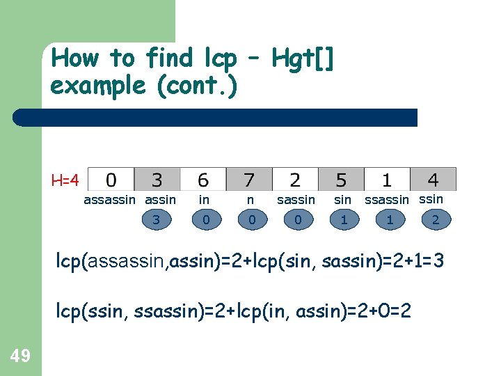 How to find lcp – Hgt[] example (cont. ) H=4 assassin 3 in n