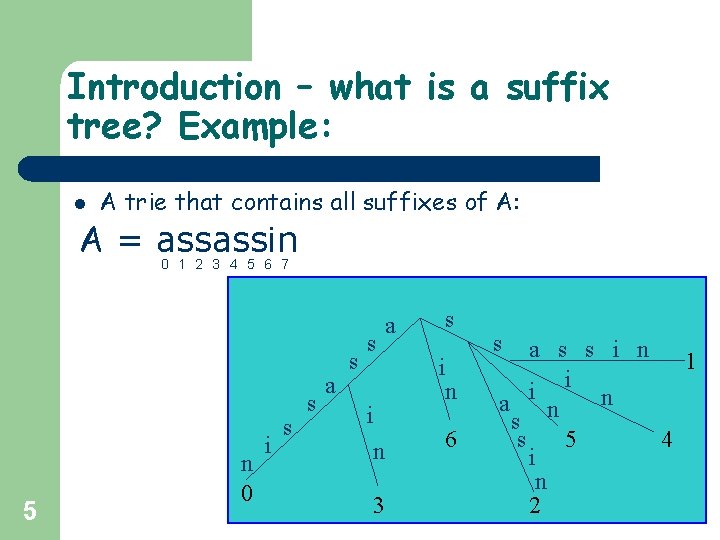 Introduction – what is a suffix tree? Example: l A trie that contains all Introduction – what is a suffix tree? Example: l A trie that contains all