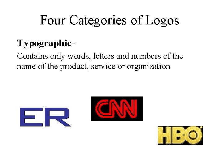 Four Categories of Logos Typographic. Contains only words, letters and numbers of the name