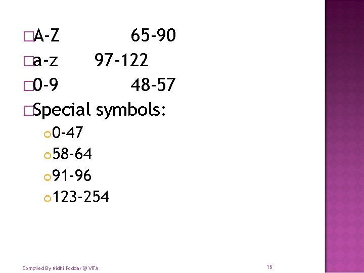 �A-Z 65 -90 �a-z 97 -122 � 0 -9 48 -57 �Special symbols: 0