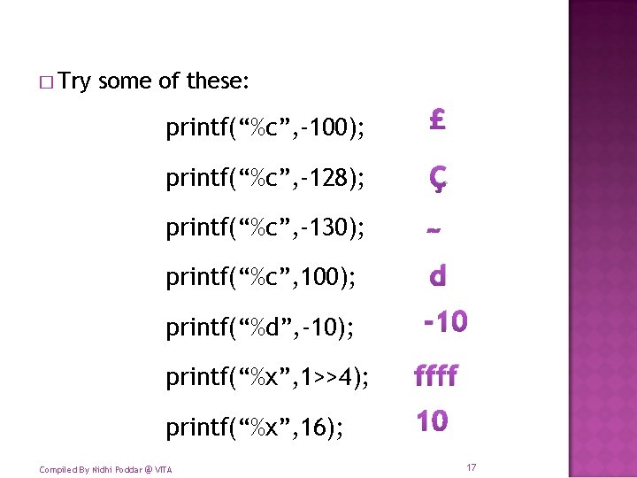 � Try some of these: printf(“%c”, -100); £ printf(“%c”, -128); Ç printf(“%c”, -130); ~