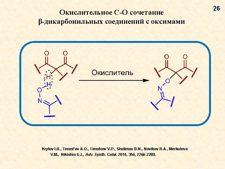 Окислительное C-O сочетание β-дикарбонильных соединений с оксимами Krylov I. B. , Terent’ev A. O. Окислительное C-O сочетание β-дикарбонильных соединений с оксимами Krylov I. B. , Terent’ev A. O.