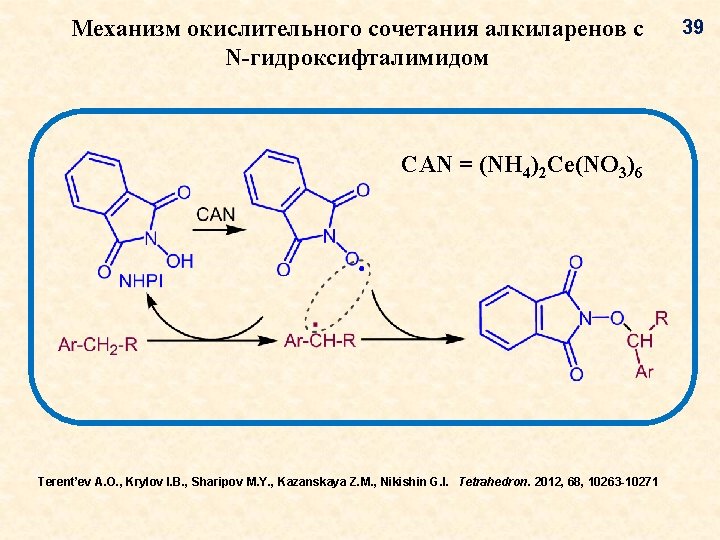 Механизм окислительного сочетания алкиларенов с N-гидроксифталимидом CAN = (NH 4)2 Ce(NO 3)6 Terent’ev A. Механизм окислительного сочетания алкиларенов с N-гидроксифталимидом CAN = (NH 4)2 Ce(NO 3)6 Terent’ev A.