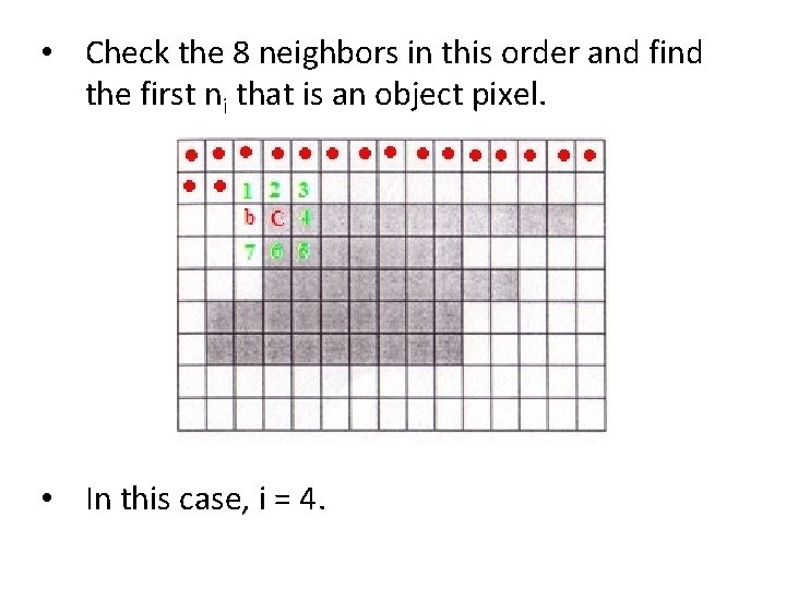  • Check the 8 neighbors in this order and find the first ni