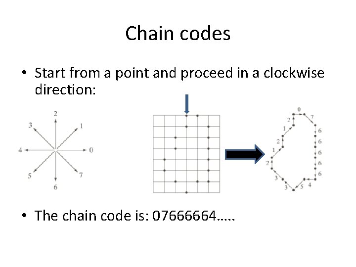 Chain codes • Start from a point and proceed in a clockwise direction: •