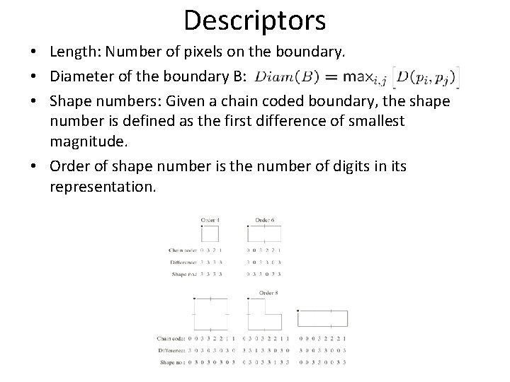 Descriptors • Length: Number of pixels on the boundary. • Diameter of the boundary