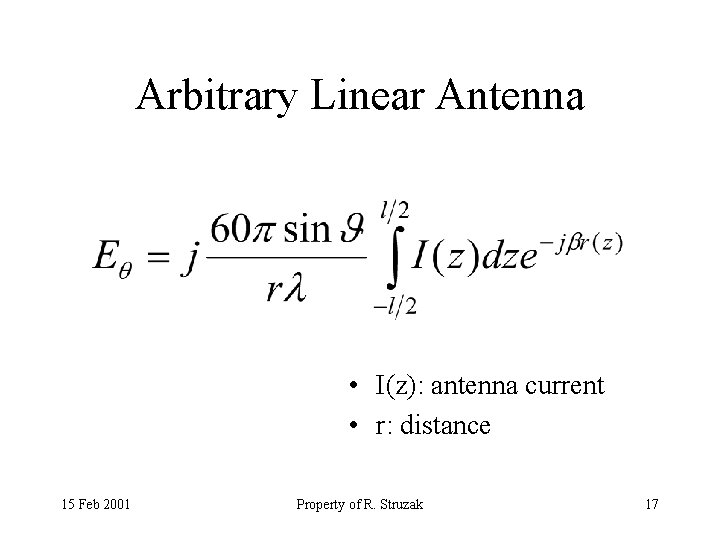 Arbitrary Linear Antenna • I(z): antenna current • r: distance 15 Feb 2001 Property