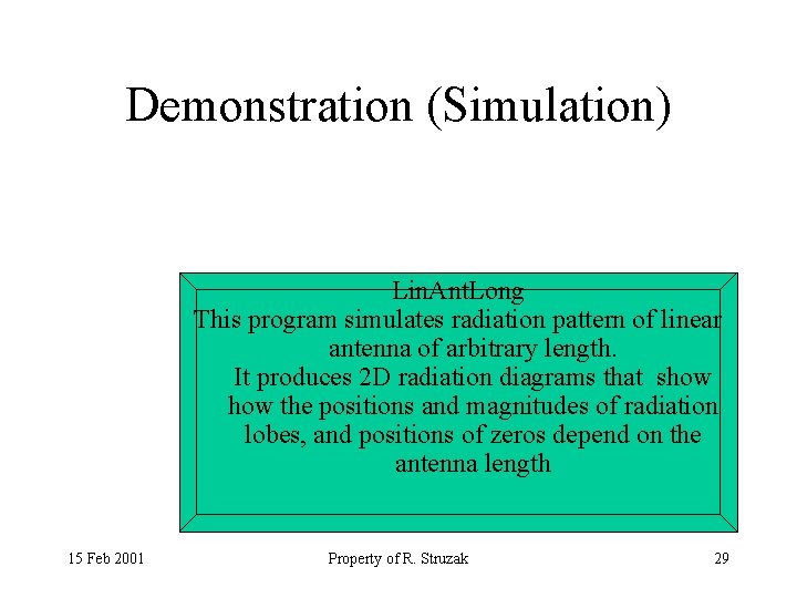 Demonstration (Simulation) Lin. Ant. Long This program simulates radiation pattern of linear antenna of