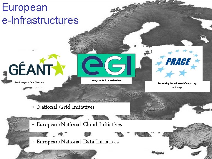 European e-Infrastructures Pan-European Data Network European Grid Infrastructure + National Grid Initiatives + European/National