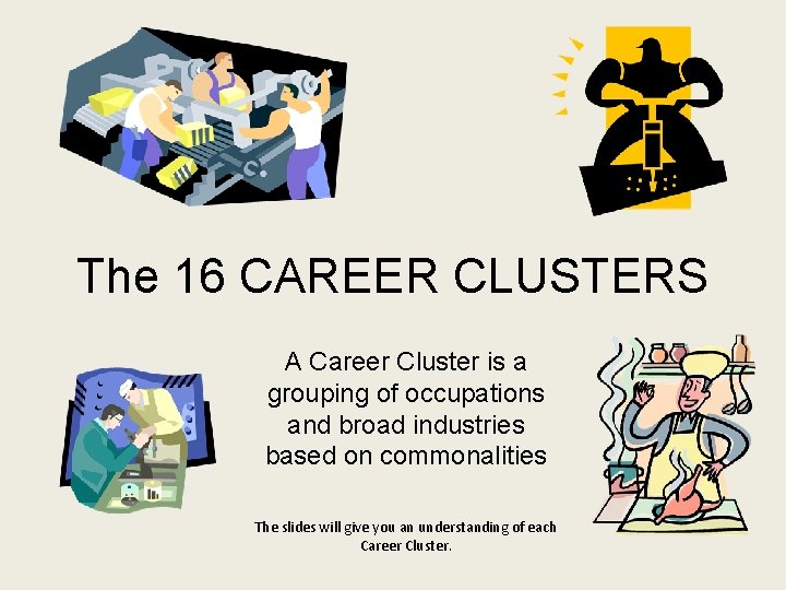 The 16 CAREER CLUSTERS A Career Cluster is a grouping of occupations and broad