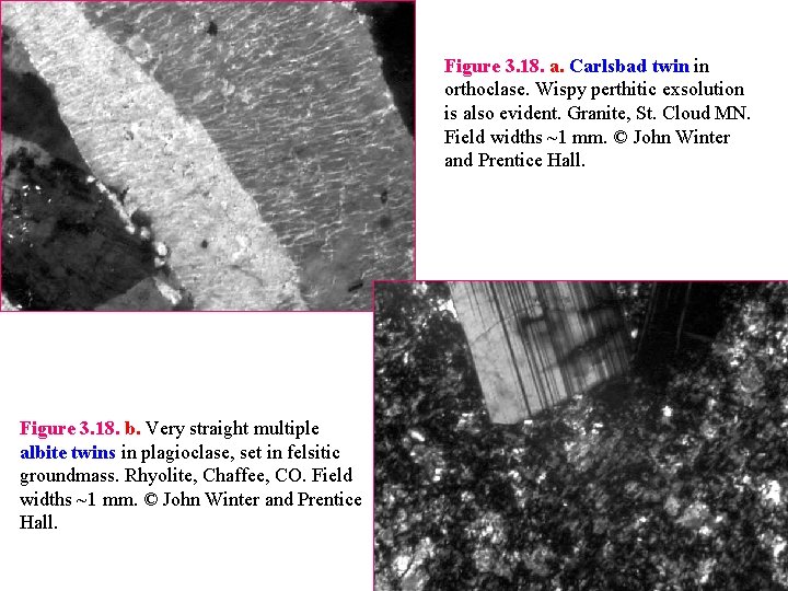 Figure 3. 18. a. Carlsbad twin in orthoclase. Wispy perthitic exsolution is also evident.