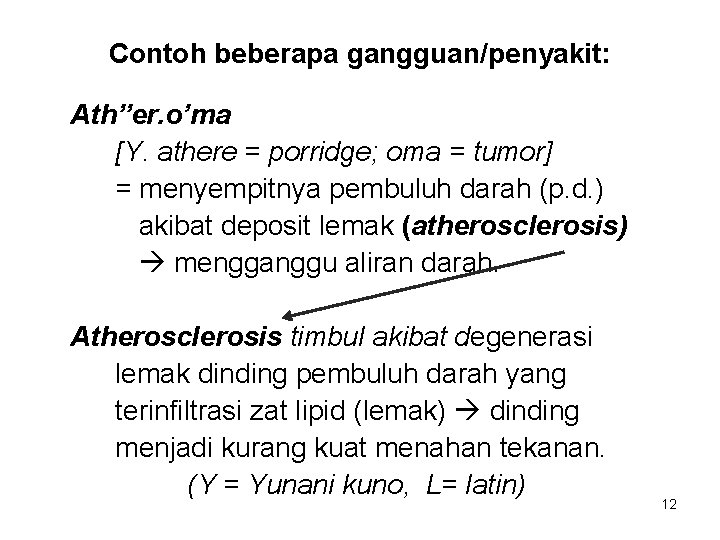 Contoh beberapa gangguan/penyakit: Ath”er. o’ma [Y. athere = porridge; oma = tumor] = menyempitnya