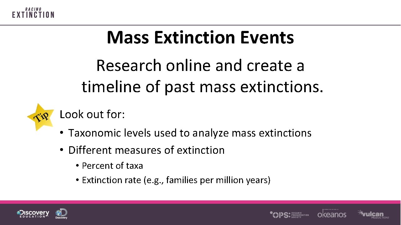 Mass Extinction Events Research online and create a timeline of past mass extinctions. Look