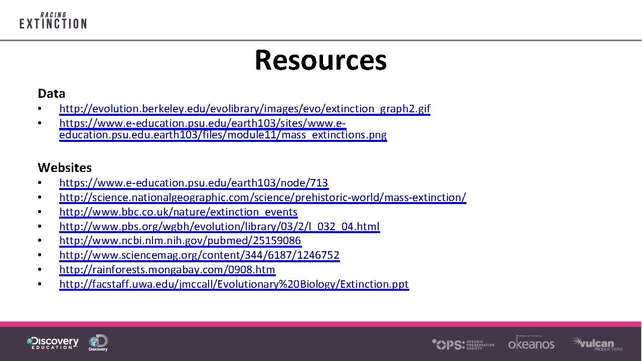 Resources Data • • http: //evolution. berkeley. edu/evolibrary/images/evo/extinction_graph 2. gif https: //www. e-education. psu.