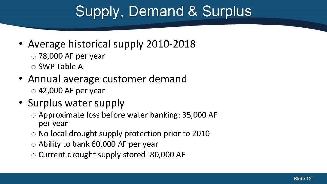 Supply, Demand & Surplus • Average historical supply 2010 -2018 o 78, 000 AF