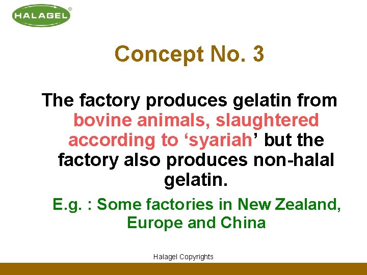 Concept No. 3 The factory produces gelatin from bovine animals, slaughtered according to ‘syariah’