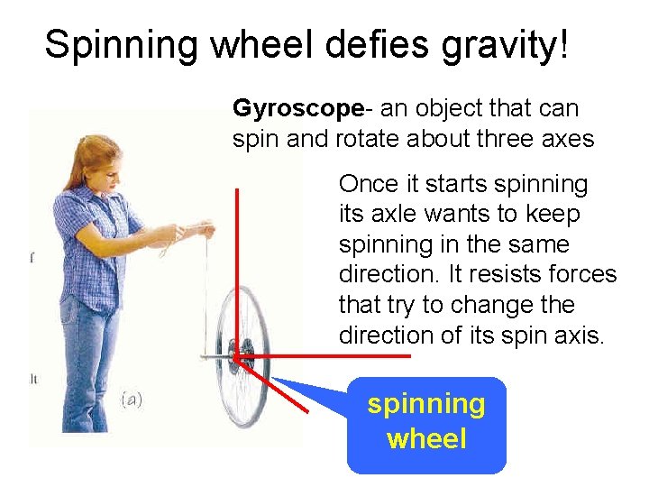 Spinning wheel defies gravity! Gyroscope- an object that can spin and rotate about three