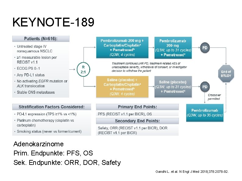 KEYNOTE-189 Cross-over vom Placebo-Arm auf Pembrolizumab-Monotherapie möglich Adenokarzinome Prim. Endpunkte: PFS, OS Sek. Endpunkte: