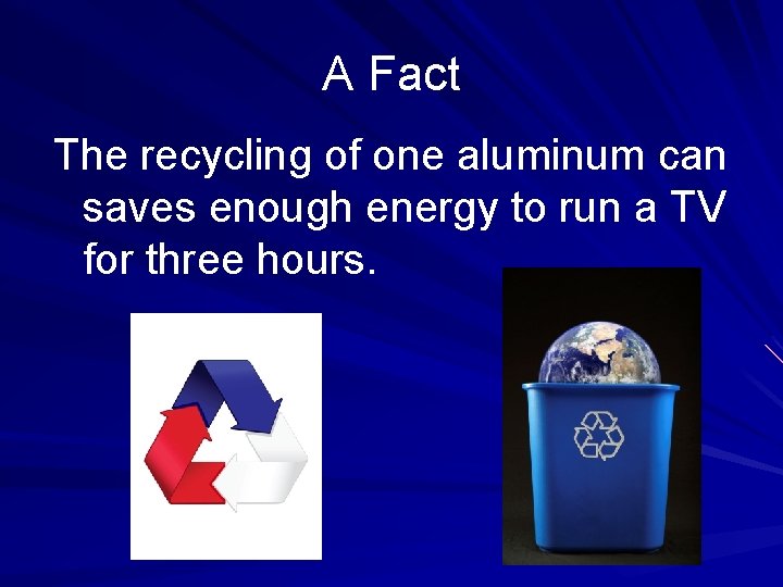 A Fact The recycling of one aluminum can saves enough energy to run a