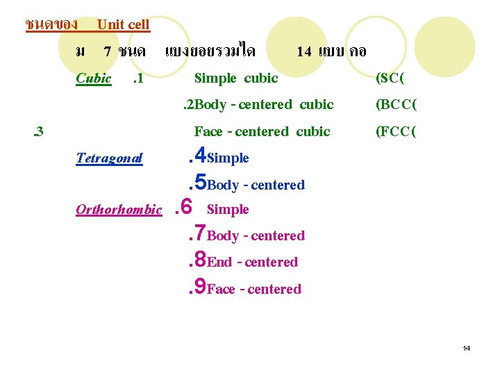 ชนดของ Unit cell ม 7 ชนด แบงยอยรวมได 14 แบบ คอ Cubic. 1 Simple cubic