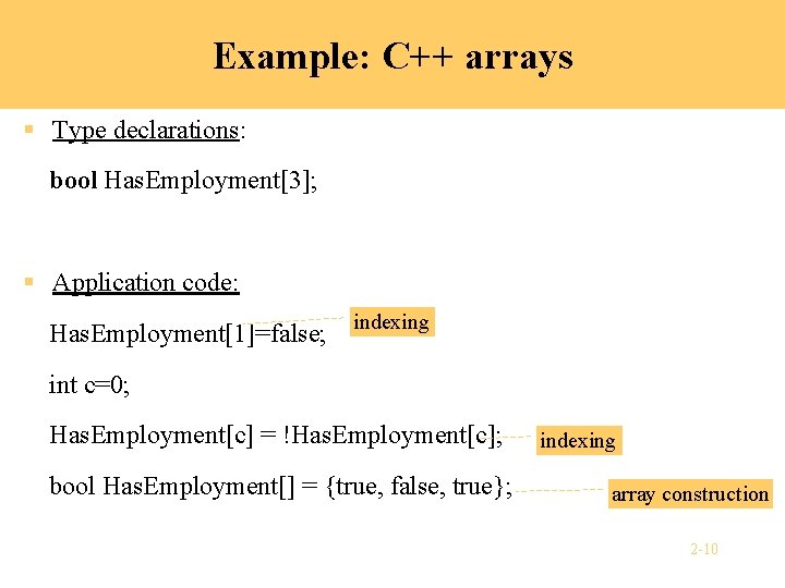 Example: C++ arrays § Type declarations: bool Has. Employment[3]; § Application code: Has. Employment[1]=false;