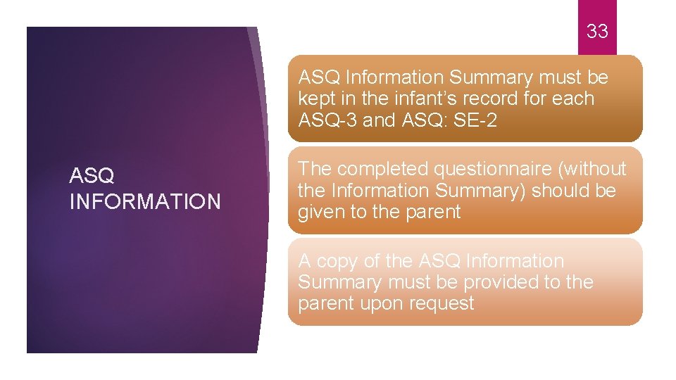 33 ASQ Information Summary must be kept in the infant’s record for each ASQ-3