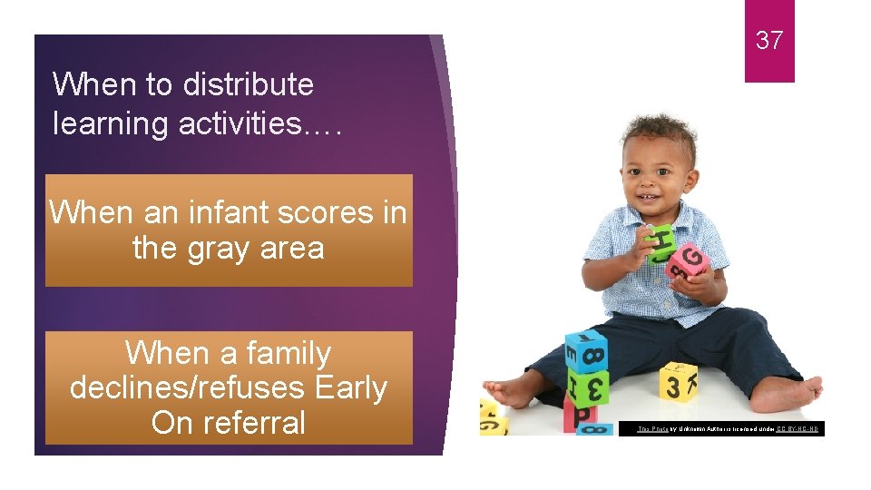 37 When to distribute learning activities…. When an infant scores in the gray area