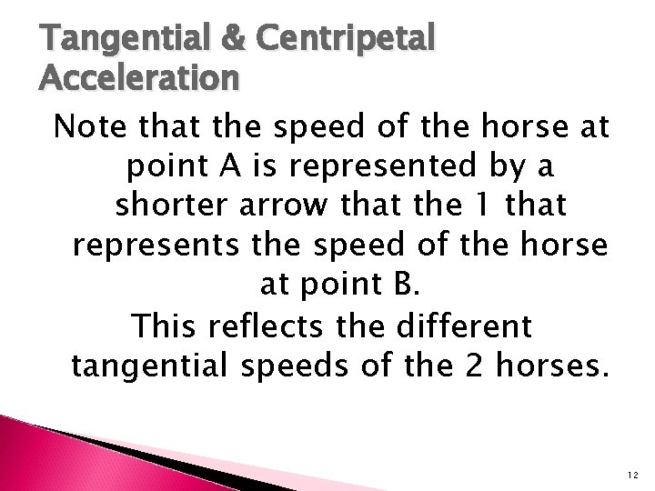 Tangential & Centripetal Acceleration Note that the speed of the horse at point A