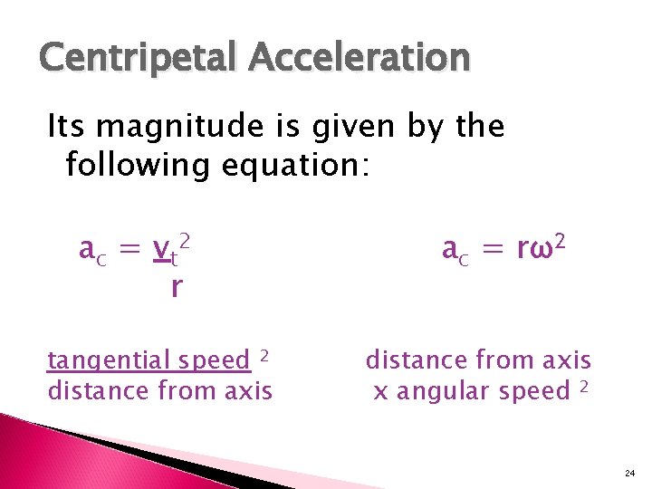 Centripetal Acceleration Its magnitude is given by the following equation: a c = v