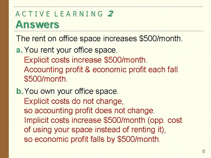 ACTIVE LEARNING 2 Answers The rent on office space increases $500/month. a. You rent ACTIVE LEARNING 2 Answers The rent on office space increases $500/month. a. You rent
