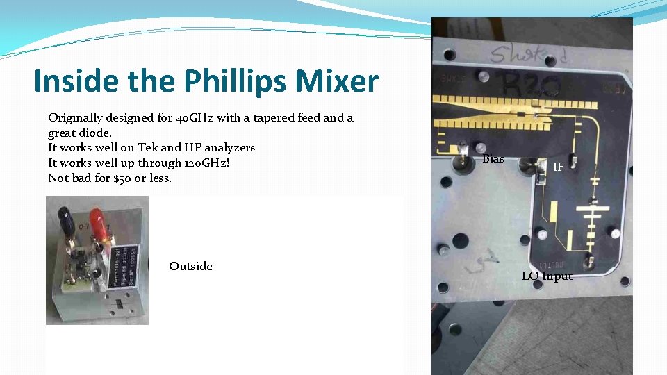 Inside the Phillips Mixer Originally designed for 40 GHz with a tapered feed and